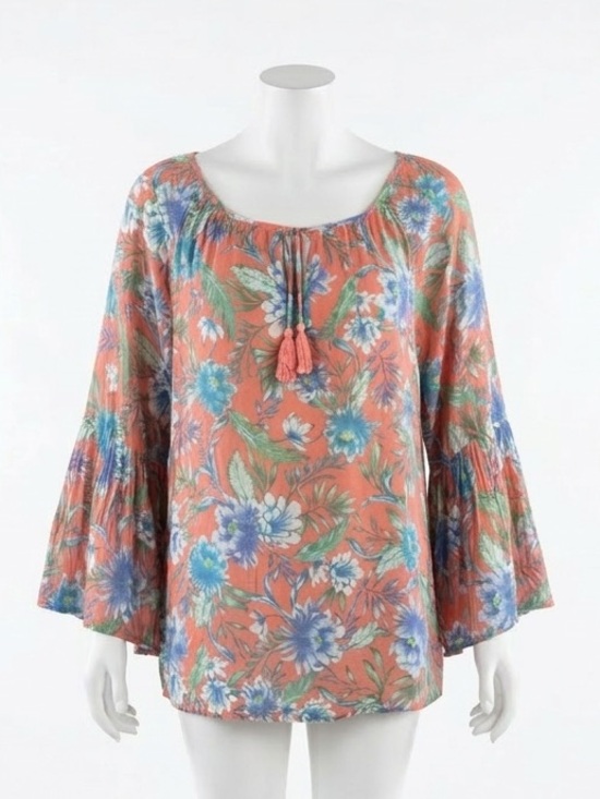 Counterparts Tops - Counterparts Floral Boho Peasant Blouse Bell Sleeve Tassel Tie XL